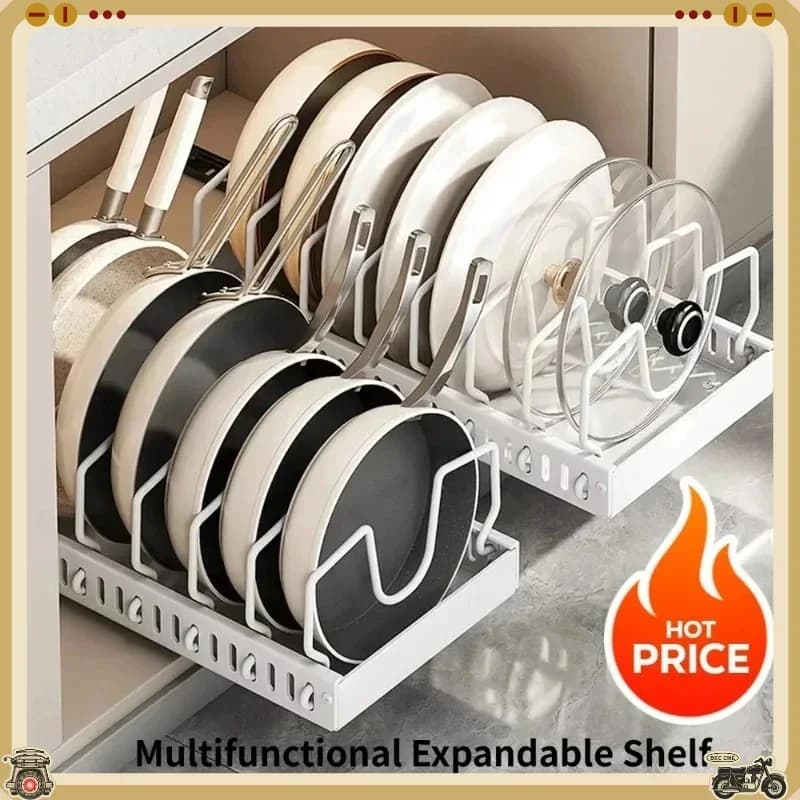 Προσφορά multifunctional συρόμενο συρταριέρικο ράφι αποθήκευσης κουζίνας για καπάκια κατσαρολών, μπαχαρικά, μπολ, πιάτα και σκεύη