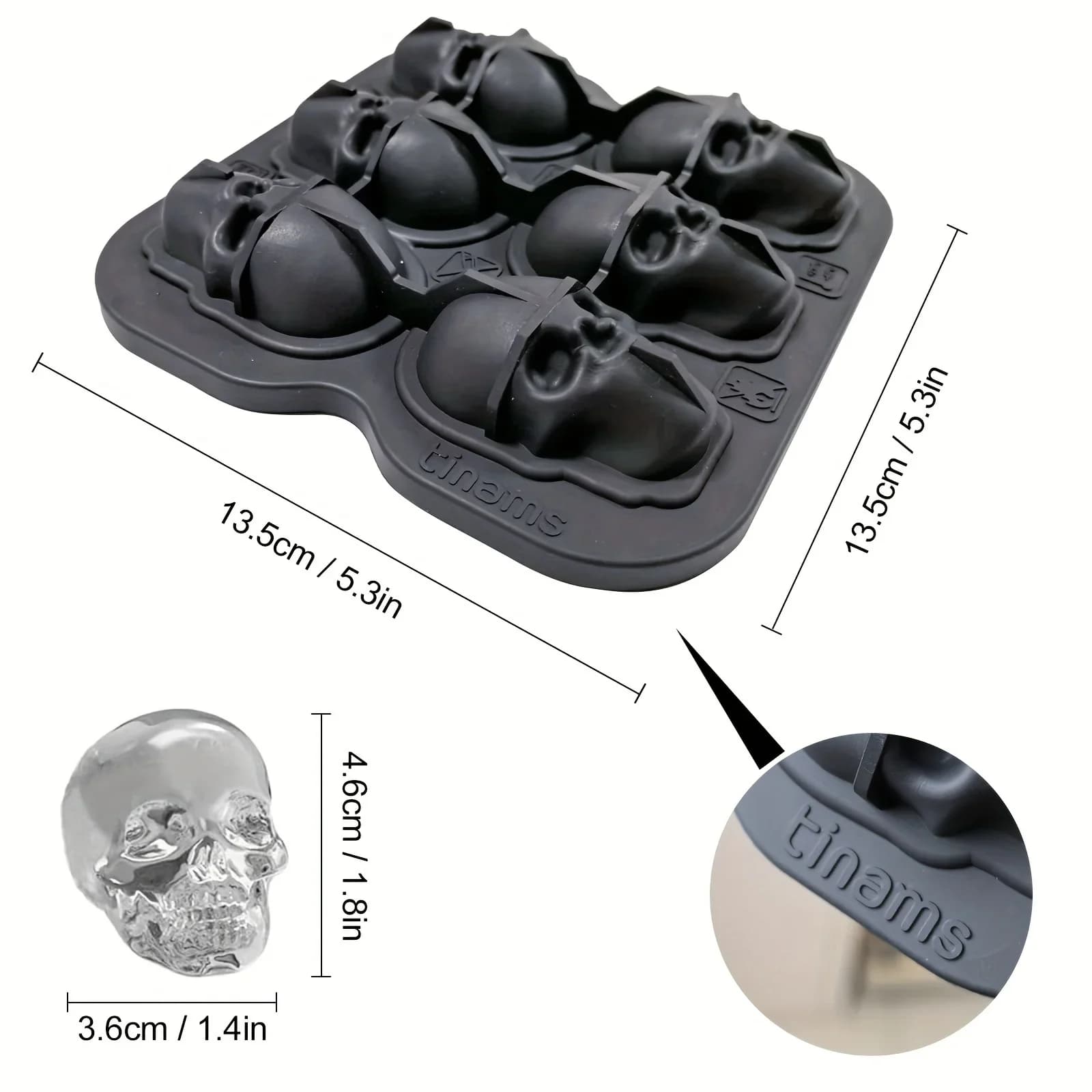 Καλούπι για παγάκια Skull από σιλικόνη 3D εύκαμπτο, χωρίς BPA, για καταψύκτη, καλούπι παγάκια κεφαλής κρανίου για ποτά και κοκτέιλ